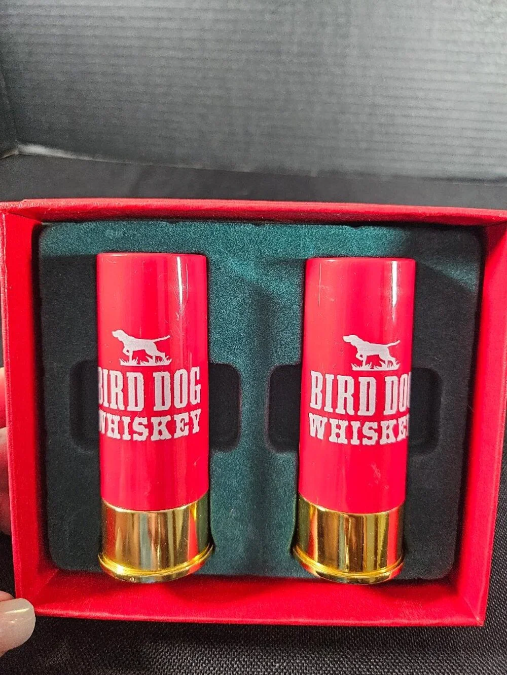 Rare Bird Dog Whiskey Promotion Set 2 Shotgun Shell Shot Glasses 2 Pins Gift Box